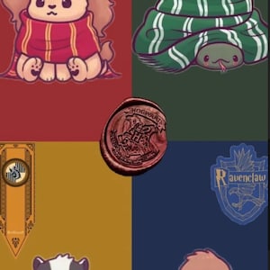 May include: A digital illustration of the four Hogwarts houses, Gryffindor, Slytherin, Hufflepuff, and Ravenclaw, with their respective mascots. Each mascot is wearing a scarf in their house colors. The Gryffindor mascot is a lion, the Slytherin mascot is a snake, the Hufflepuff mascot is a badger, and the Ravenclaw mascot is a bird.