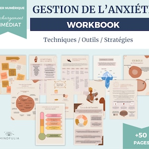 May include: A workbook titled "Gestion de l'Anxiété Workbook" with the subtitle "Techniques / Outils / Stratégies". The workbook features illustrations of various anxiety management techniques, including a thermometer, a circle, and an iceberg. The workbook is designed to help people manage anxiety and includes over 50 pages.