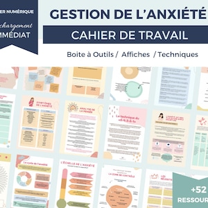 Puede incluir: Una descarga digital de un cuaderno de trabajo con 52 recursos para gestionar la ansiedad. El cuaderno de trabajo incluye hojas de trabajo, gráficos y técnicas para afrontar la ansiedad. La portada presenta un diseño colorido con el título "Gestion de l'anxiété Cahier de Travail" en francés.