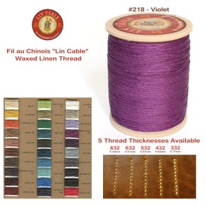 May include: A spool of violet waxed linen thread called "Lin Cable" with a label that says "Fil au Chinois" and "Lin Cable" Waxed Linen Thread. The spool is on a wooden base and there is a colour chart of different colours of thread. The image also shows five different stitch thicknesses available in millimetres.