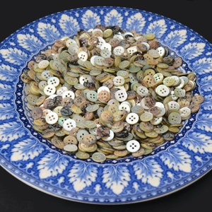 May include: A collection of small, round buttons in various neutral colors, including white, beige, and brown, are piled on a blue and white patterned plate. The buttons have four holes for sewing. The plate has a decorative floral design.