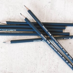 May include: A collection of dark blue pencils with sharpened graphite tips. The pencils are labeled "EDELWEISS" and "CARAN D'ACHE SWISS MADE 341-1 3B". The pencils are arranged in a scattered pattern, ideal for drawing, sketching, or writing.