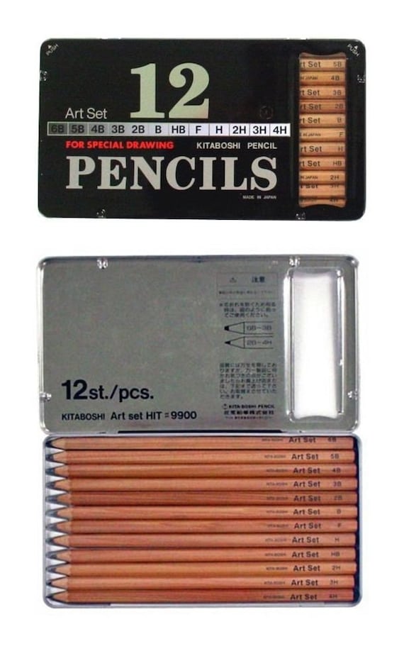 KITABOSHI 9900 Art Set of 12 Pencils - 4H to 6B in a Metal Tin