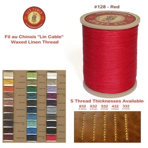 May include: A spool of red waxed linen thread called "Lin Cable" with the text "Fil au Chinois" and "5 Thread Thicknesses Available" with measurements in millimeters.
