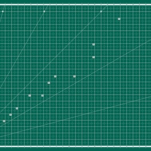 May include: A green self-healing cutting mat with a grid pattern and white lines. The mat has a white ruler along the top and right edges. The mat is marked with numbers and has diagonal lines for cutting angles. The mat has the word "THACKERY" printed in the bottom right corner.