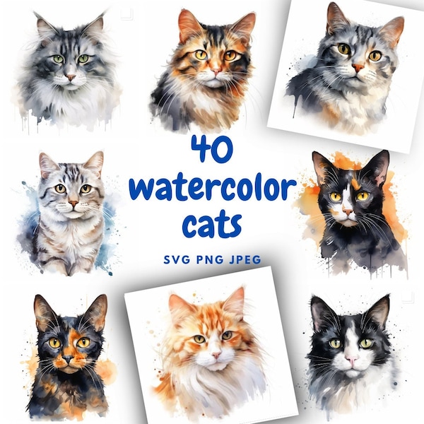 Watercolor Cats svg png jpeg high quality clip art images