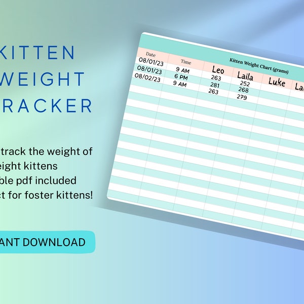 Foster Kitten Weight Tracker Chart