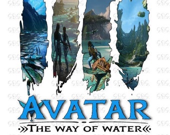 Może przedstawiać: Niebiesko-biały projekt graficzny z tekstem "AVATAR THE WAY OF WATER" i trzema obrazami niebieskiego i zielonego krajobrazu z niebieskim niebem. Tekst "SOS Survivors Of Silence" znajduje się pod projektem graficznym.