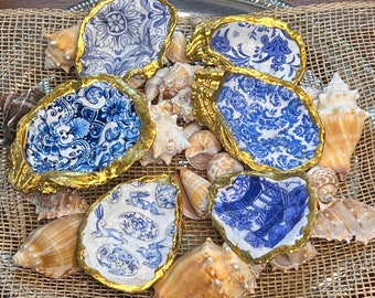 Oyster Shell Ring Dish Decoupage Chinoiserie Jewelry Holder Trinket Dish Coastal Decor Blue White Beach Wedding Bridesmaid Hostess Gift