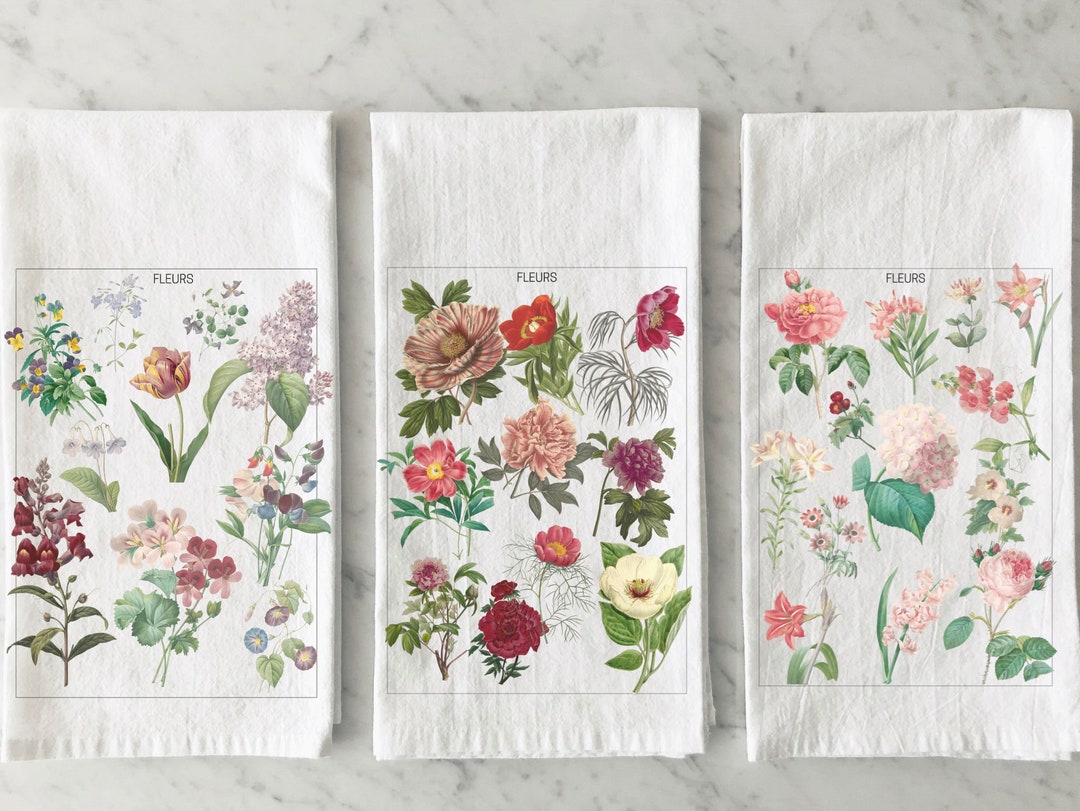 Flower Tea Towel Set of Two Floral Tea Towel Botanical Decorative Tea