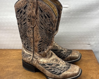 CORRAL Women's Western Boot Cowboy Sequin Wing Cross Inlay Square Toe Brown Teen