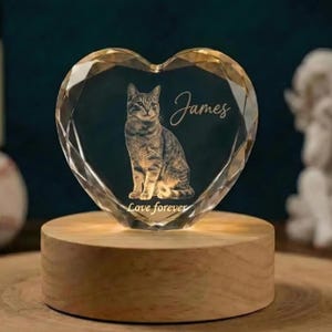 Custom 2D Crystal Pet Memorial Light, Personalized Dog Cat Photo Engraved Glass, LED Wooden Base, Pet Loss Gift, Keepsake Night Light
