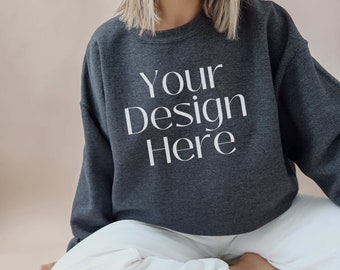 Gildan 18000 Dark Heather Mockup - Gray Mock Up - Gildan Sweatshirt Mockup - Sweatshirt Model Mock-up - Gildan Mockup - 18000 Mockups