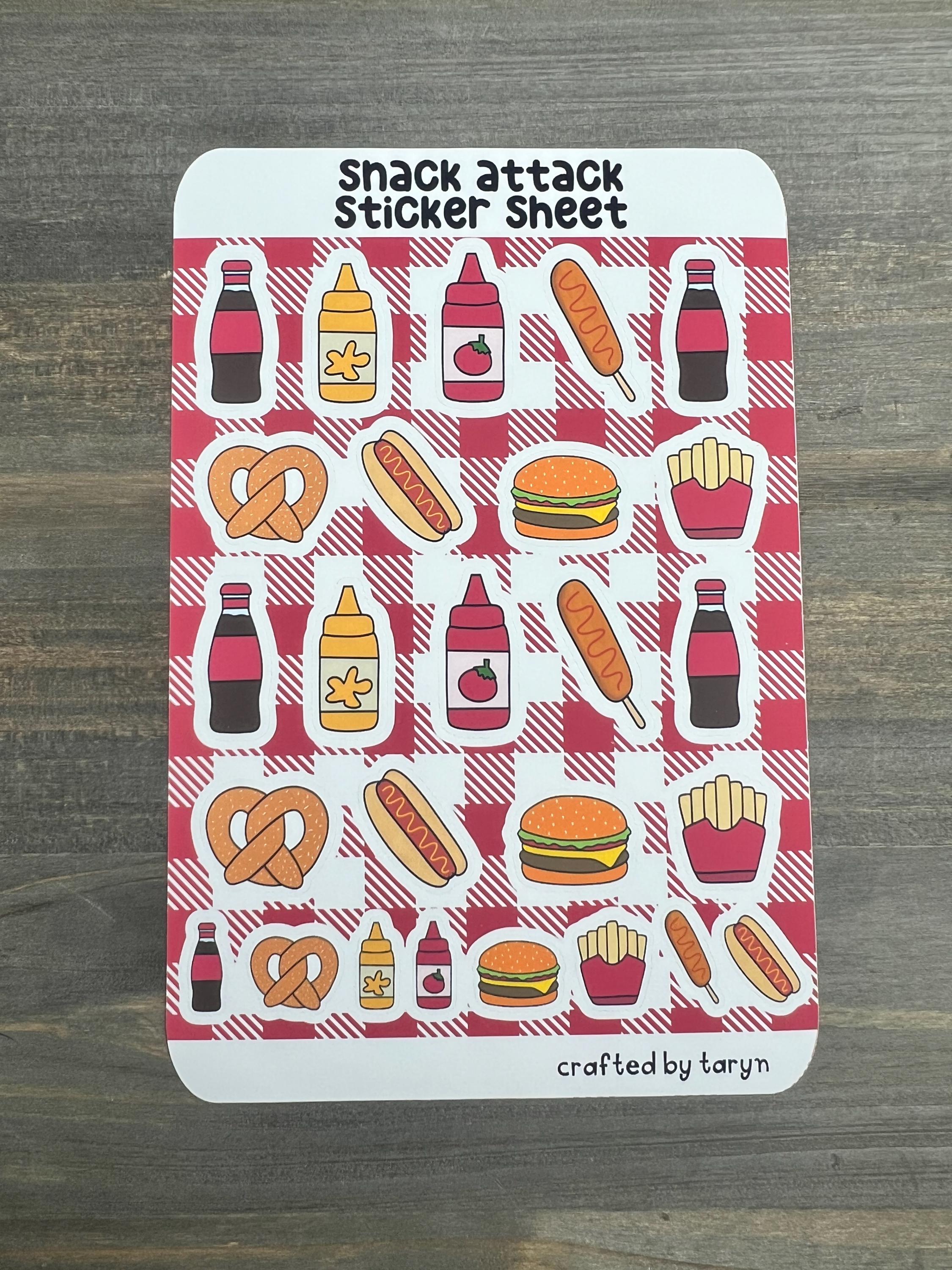 Snack Attack Sticker Sheet, Cute Food and Drink Decals for Journals, Scrapbooking, Card Making and Planners, Small Embellishments