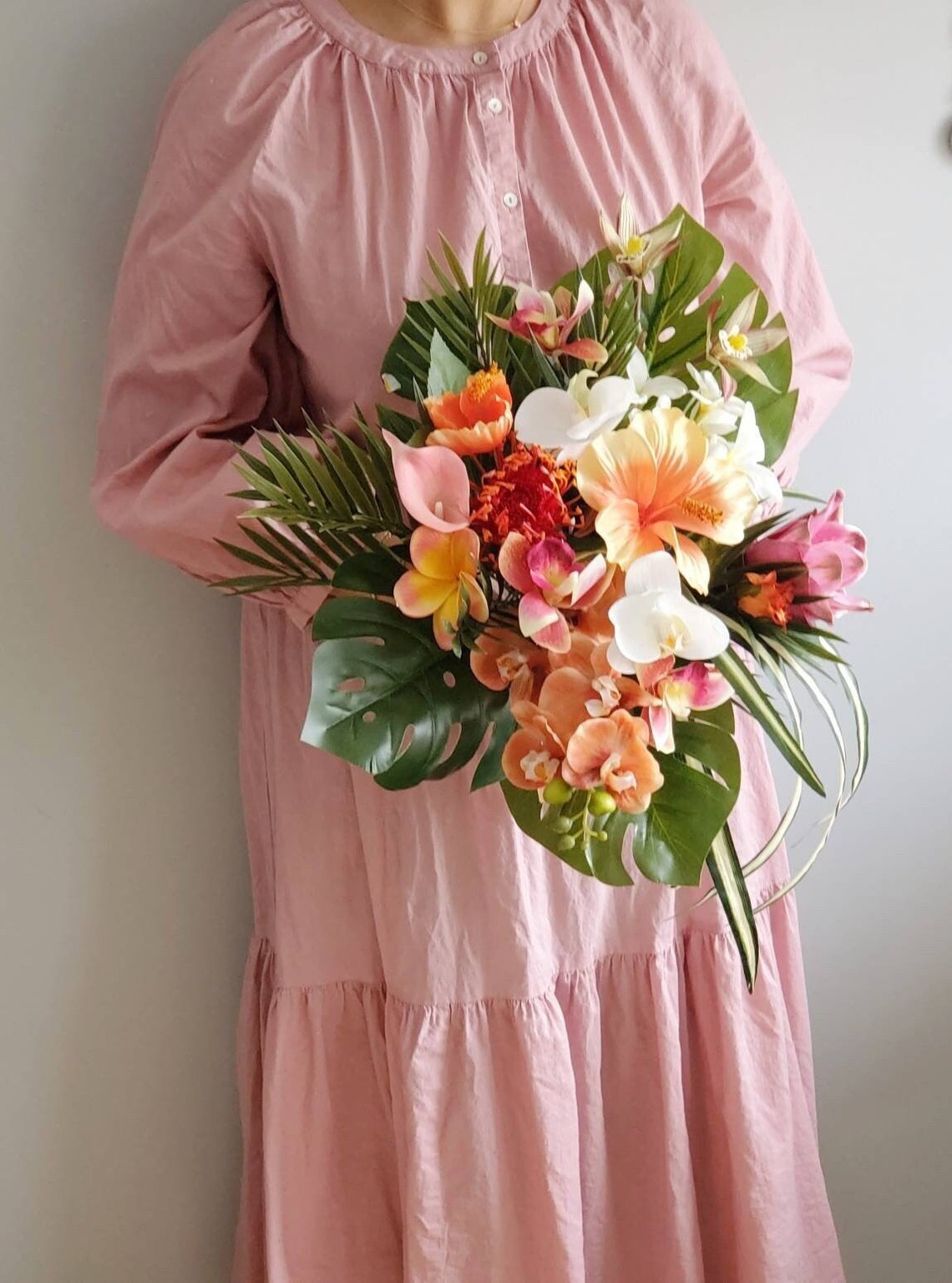 Alice cascading tropical bridal bouquetProteas hibiscus image 1