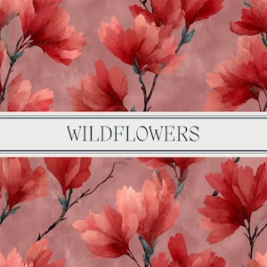 Red Botanical Blooms | Seamless Floral Pattern | Deep Pink Watercolor Digital Paper