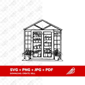 Handgetekende Greenhouse Oasis - Botanische Tuin Digitale Kunst - Tuintekening Kunst - Svg, Png, Jpg, Pdf - Instant Download digitaal bestand