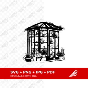 Garden Sanctuary: Handgetekende kas digitale afbeelding - tuintekening kunst - Svg, Png, Jpg, Pdf - Instant Download digitaal bestand