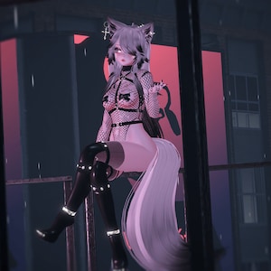 May include: A digital illustration of a female character with long white hair and a tail, wearing a black fishnet top, black leather boots, and a choker. The character is sitting on a railing in front of a window with a pink and red background. The text "Abigail V2" is in the upper right corner of the image, and the text "By Priscilla" is in the lower left corner.