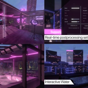 以下が含まれることがあります： ネオンピンクのポール、蒸気が立ち上るジャグジー、そして未来的な都市のスカイラインの景色を望む屋上パーティーのシーン。画像には、「リアルタイムポストプロセッシング設定」というテキストと、「暗闇」というラベルの付いたスライダーバーも表示されています。