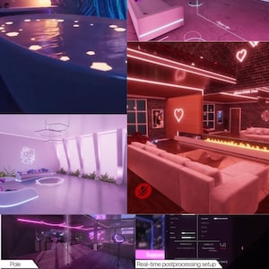 以下が含まれることがあります： ネオンライトで飾られたさまざまな部屋を紹介する画像のコラージュ。部屋には、ソファ、椅子、ジャグジーなど、さまざまな家具があります。ネオンライトはピンクとパープルで、活気に満ちたモダンな雰囲気を作り出しています。画像の1つに「Alone With You」というテキストが表示されています。