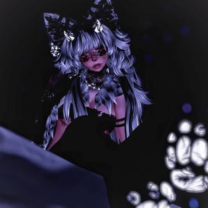 May include: A white furry character with pink ears and a black choker sits in a dark setting with glowing white paw prints on the ground.