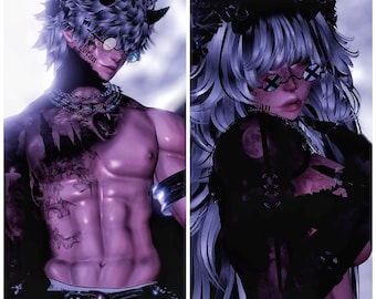 May include: Two individuals with white hair and black attire. The person on the left has a tattoo of a city skyline on their chest. Both individuals are wearing glasses with colourful frames.