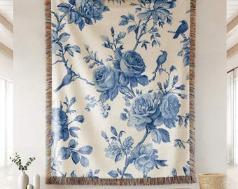 Blaue Toile gewebte Decke, Vintage Stil Toile Tapisserie werfen, Französisches Land, Vintage Französisches Blumen Wohndekor
