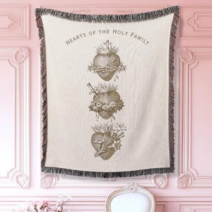 Hearts of the Holy Family Blanket, Sacred Heart of Jesus Immaculate Heart of Virgin Mary Pure Heart of Joseph, Woven Throw Blanket, Catholic