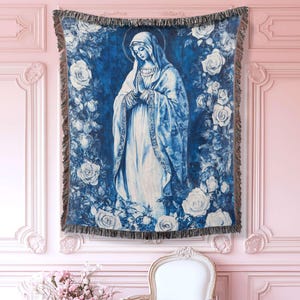 Catholic Blanket, Virgin Mary Woven Blanket, 100% Cotton Throw, Gift for Catholic mom, Religious Gifts, Cozy Home Decor, Catholic Tapestry