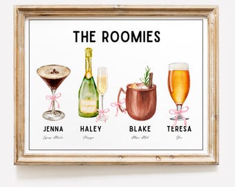 Impresión personalizada de bebida para compañeros de piso, compañeros de piso como bebidas, arte mural personalizado, póster de cócteles, arte moderno para apartamentos universitarios, decoración de carritos de bar