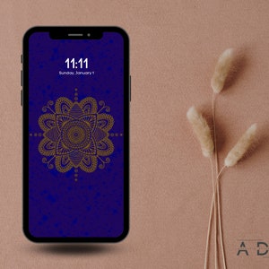 Blue and Gold Mandala Phone Wallpaper, Indigo and Honeycomb Mandala iPhone Background, Hand Drawn Lock Screen, Spiritual Android Home Screen