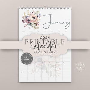 2024 Calendar PRINTABLE Floral, Portrait Lined Monthly Pages, US Letter & A4 Size, Watercolor Flowers Peonies, Editable PDF, Sunday Start