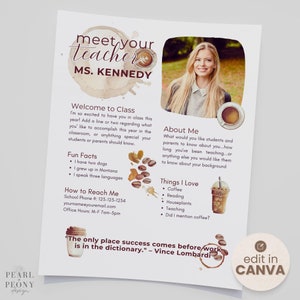 Plantilla editable de Conozca al maestro, volante de regreso a la escuela, tema de café boho, carta de bienvenida para conocerme, digital o imprimible, Canva