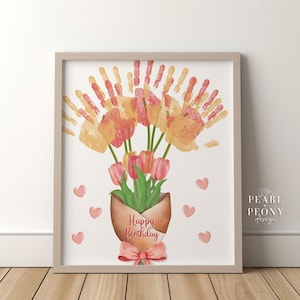 IMPRIMIBLE Feliz cumpleaños Handprint Art Craft, Tulip Handprint Bouquet, Regalo de niños, Arte de recuerdo, DIY Niños Regalo para niños pequeños PDF Carta A4