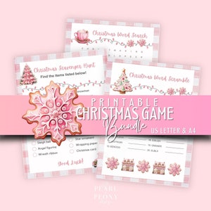 Pacote de jogos de festa de Natal rosa para impressão para crianças, corrida de palavras, busca de palavras, caça ao tesouro, atividade de classe familiar, carta dos EUA e PDF A4