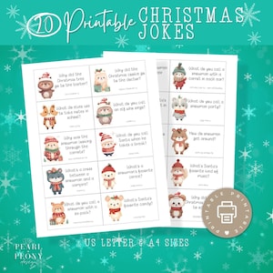 Blagues de Noël à imprimer pour enfants, notes de boîte à lunch de Noël, cartes de blague calendrier de l'Avent, cartes de blague animaux mignons, lettre US et A4