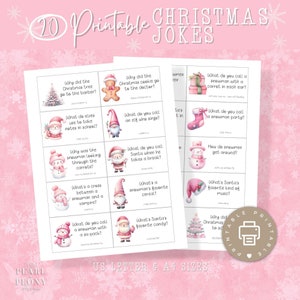 Piadas de biscoitos de Natal para IMPRIMÍVEIS para crianças, notas de lancheira de Natal, cartões de piadas do calendário do advento, cartões de piadas de Natal rosa, carta dos EUA e A4
