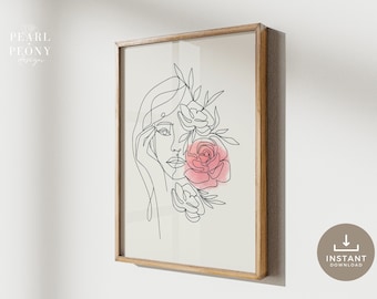 PRINTABLE Black and White Minimalist Feminine Floral Line Art Print, Watercolor Line Art, Modern Female Body Wall Decor, Instant Download