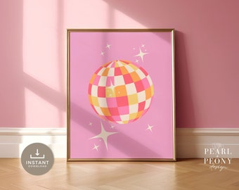 PRINTABLE Pink Preppy Retro Disco Ball Wall Art, Maximalist Wall Decor, Dorm Room Poster Decor, Girly Wall Art, Bar Cart Art, Digital