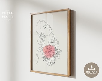 PRINTABLE Black and White Minimalist Feminine Floral Line Art Print, Watercolor Line Art, Modern Female Body Wall Decor, Instant Download