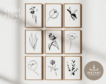 PRINTABLE Black and White Minimalist Botanical Gallery Wall Art, Flower Line Art, Modern Wall Decor, Set of 9 Prints, Digital Download
