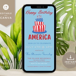 Puede incluir: Una invitación digital para una fiesta del 4 de julio. La invitación presenta un pastel rojo, blanco y azul con velas y el texto "Feliz cumpleaños América". La invitación también incluye el texto "Únete a nosotros para celebrar el 4 de julio a las 4 pm" y "Organizado por The Oliver Family".