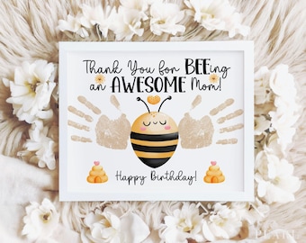 PRINTABLE Happy Birthday Handprint Art Craft for Mom, Honey Bee, Gift from Kids Children Toddler, Baby Keepsake, DIY Card, PDF Letter & A4