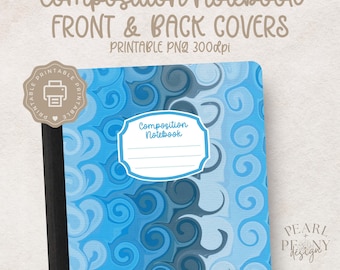 May include: Composition notebook with blue and gray swirl pattern. The cover features the text "Composition Notebook FRONT & BACK COVERS" and "PRINTABLE PNG 300dpi". A label on the front reads "Composition Notebook".