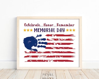 Manualidad imprimible para el Día de los Caídos con huellas de manos para niños, actividad para el Día de los Caídos, bandera estadounidense, preescolar, educación en casa, PDF