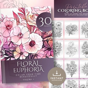 IMPRIMIBLE 30 páginas para colorear de flores, libro para colorear florales adultos niños, hojas para colorear en escala de grises, descarga instantánea de PDF, Procreate, carta de EE. UU.