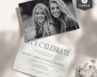 Plantilla de invitación para fiesta de graduación dual editable, gemelos unidos, varios graduados, tarjeta fotográfica personalizada minimalista moderna, escuela secundaria universitaria