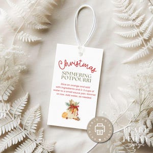 Puede incluir: Etiqueta de regalo de Navidad imprimible con fondo blanco y texto rojo que dice "Christmas Simmering Potpourri". La etiqueta presenta una ilustración de acuarela de un saco de arpillera lleno de rodajas de naranja, palitos de canela y anís estrellado. El texto debajo de la ilustración dice "Rebana una naranja y agrega con los ingredientes y 2-3 tazas de agua a una cacerola pequeña. Cocina a fuego lento. Agrega agua según sea necesario."