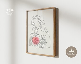 PRINTABLE Black and White Minimalist Feminine Floral Line Art Print, Watercolor Line Art, Modern Female Body Wall Decor, Instant Download